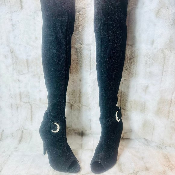 Glamour Chic Black Metallic Thread Stretch Over The Knee High Heel Boots - Picture 6 of 8